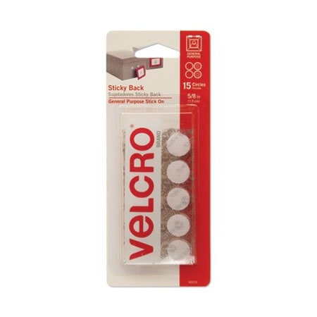 Velcro Brand Velcro, STICKY-BACK FASTENERS, REMOVABLE ADHESIVE, 0.63in DIA, WHITE, 15PK 90070
